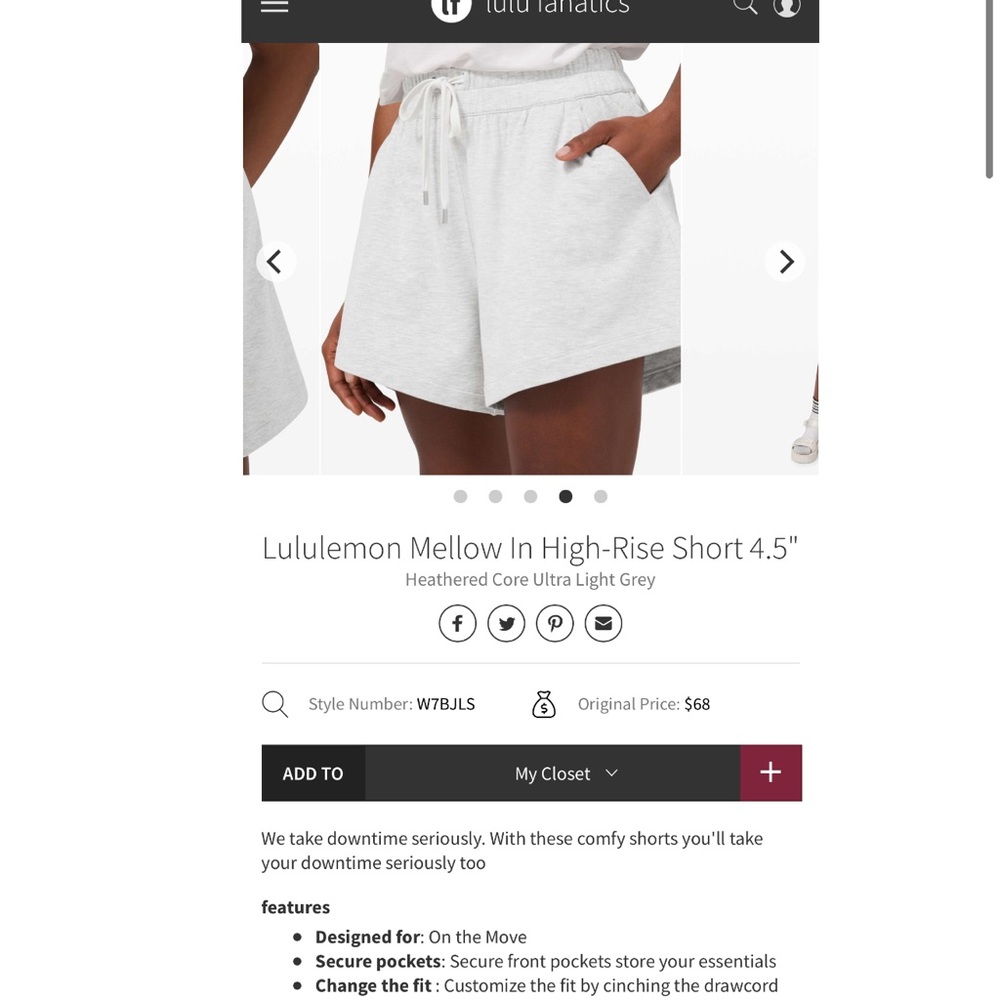 Lululemon Mellow In high rise shorts size 6